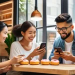 Home 6 소셜미디어 사용 패턴 분석하기 - A diverse group of young adults in their twenties and early thirties are gathered at a modern, brigh...