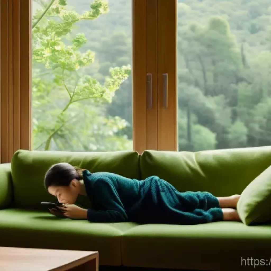 소셜미디어에서의 고립감 극복하기 - A young adult in their late 20s, wearing comfortable loungewear, sits on a soft sofa in a warmly lit...