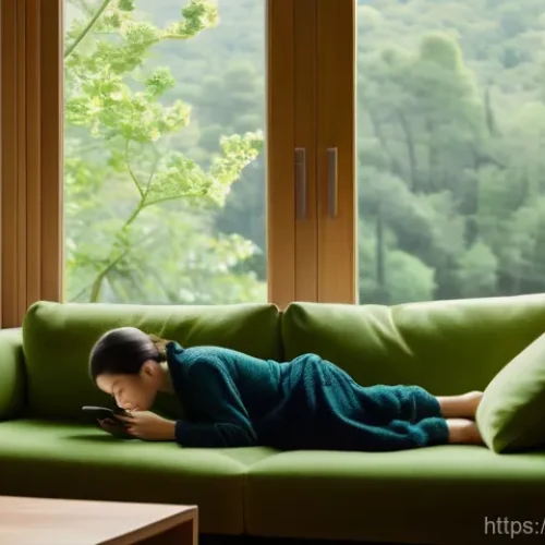 Home 15 소셜미디어에서의 고립감 극복하기 - A young adult in their late 20s, wearing comfortable loungewear, sits on a soft sofa in a warmly lit...