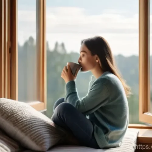 Home 4 소셜미디어 사용으로 인한 부정적 영향을 줄이는 법 - **A serene morning without digital distraction:** A young adult, dressed in comfortable casual wear,...