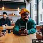 소셜미디어 플랫폼별 사용자 행동 분석 - A group of diverse Generation Z individuals, dressed in trendy, casual attire, are gathered in a mod...