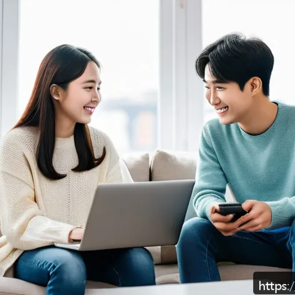 소셜미디어에서의 소통의 질 향상하기 - A warm and engaging social media interaction scene showing two young adults in a cozy, modern living...