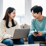 Home 17 소셜미디어에서의 소통의 질 향상하기 - A warm and engaging social media interaction scene showing two young adults in a cozy, modern living...