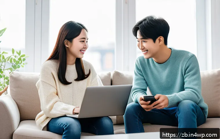 소셜미디어에서의 소통의 질 향상하기 - A warm and engaging social media interaction scene showing two young adults in a cozy, modern living...