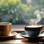 Home 16 소셜미디어에서의 행복한 경험 공유하기 - A cozy morning scene featuring a steaming cup of coffee on a wooden table by a sunlit window, with s...
