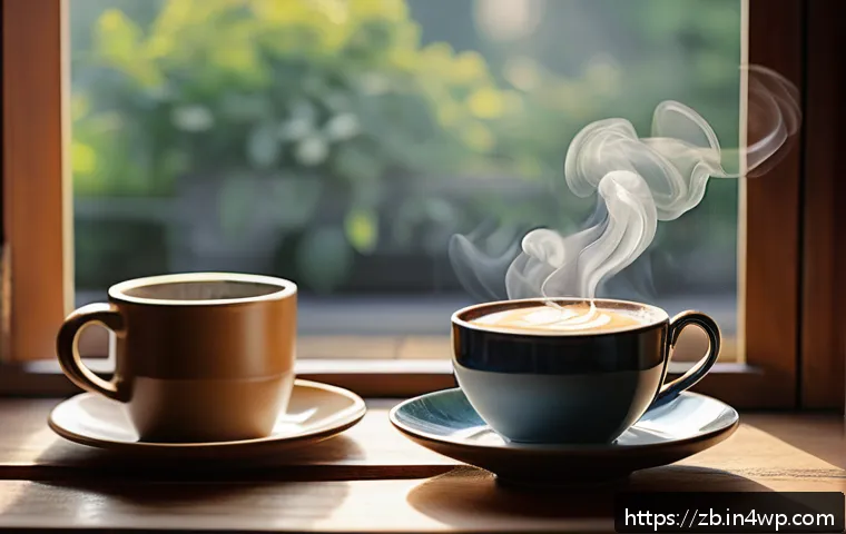 소셜미디어에서의 행복한 경험 공유하기 - A cozy morning scene featuring a steaming cup of coffee on a wooden table by a sunlit window, with s...