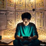 Home 20 소셜미디어와 정신 건강의 관계 - A young adult sitting alone in a dimly lit room, eyes fixed on a glowing smartphone screen showing s...