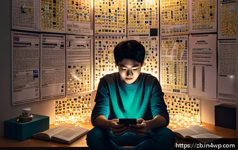 소셜미디어와 정신 건강의 관계 - A young adult sitting alone in a dimly lit room, eyes fixed on a glowing smartphone screen showing s...